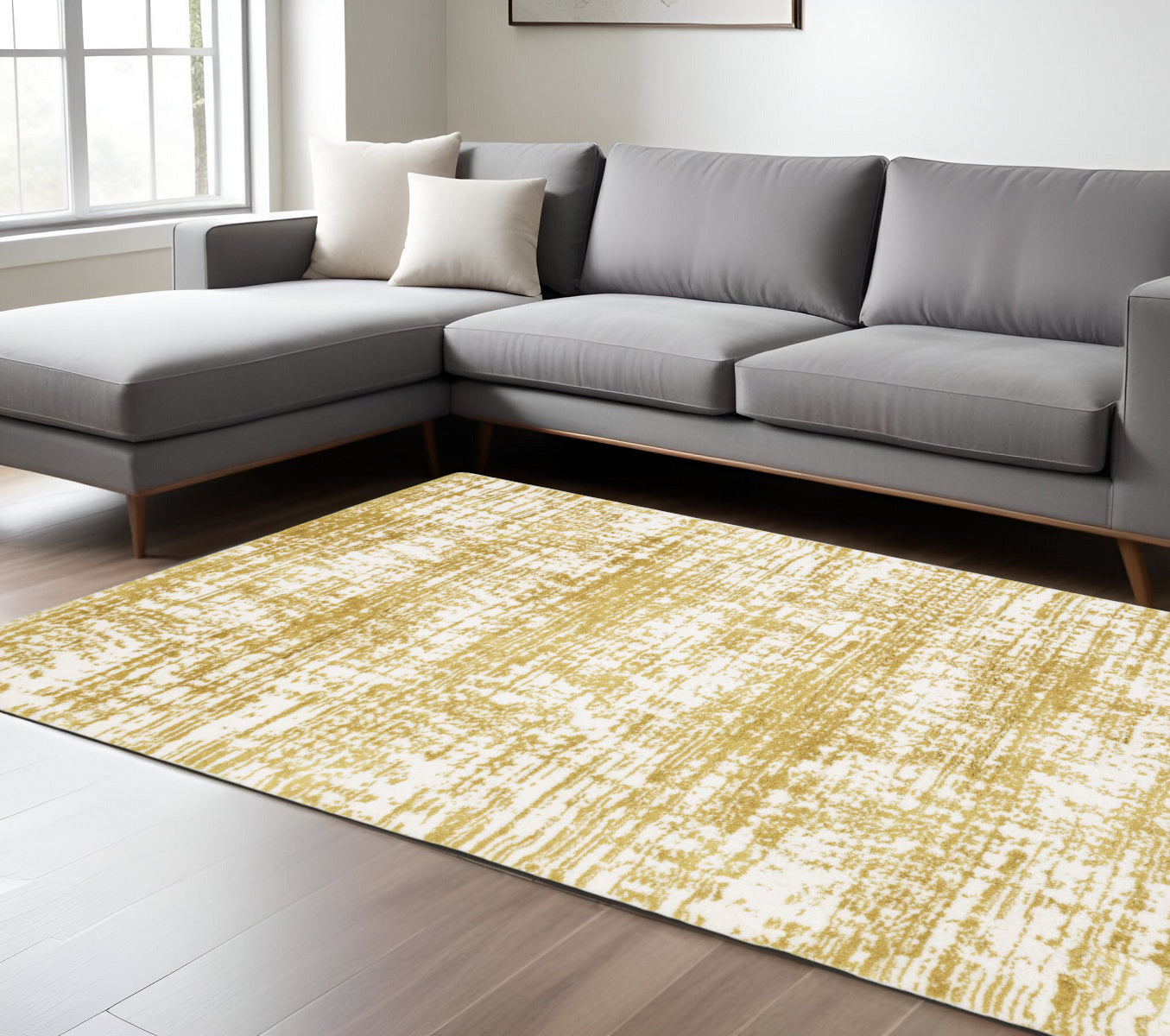 8' X 11' Gold And Ivory Abstract Area Rug
