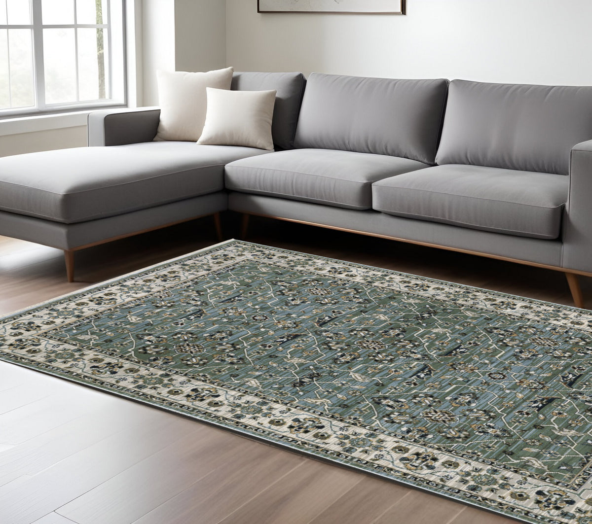 10' X 13' Blue And Green Floral Area Rug With Fringe