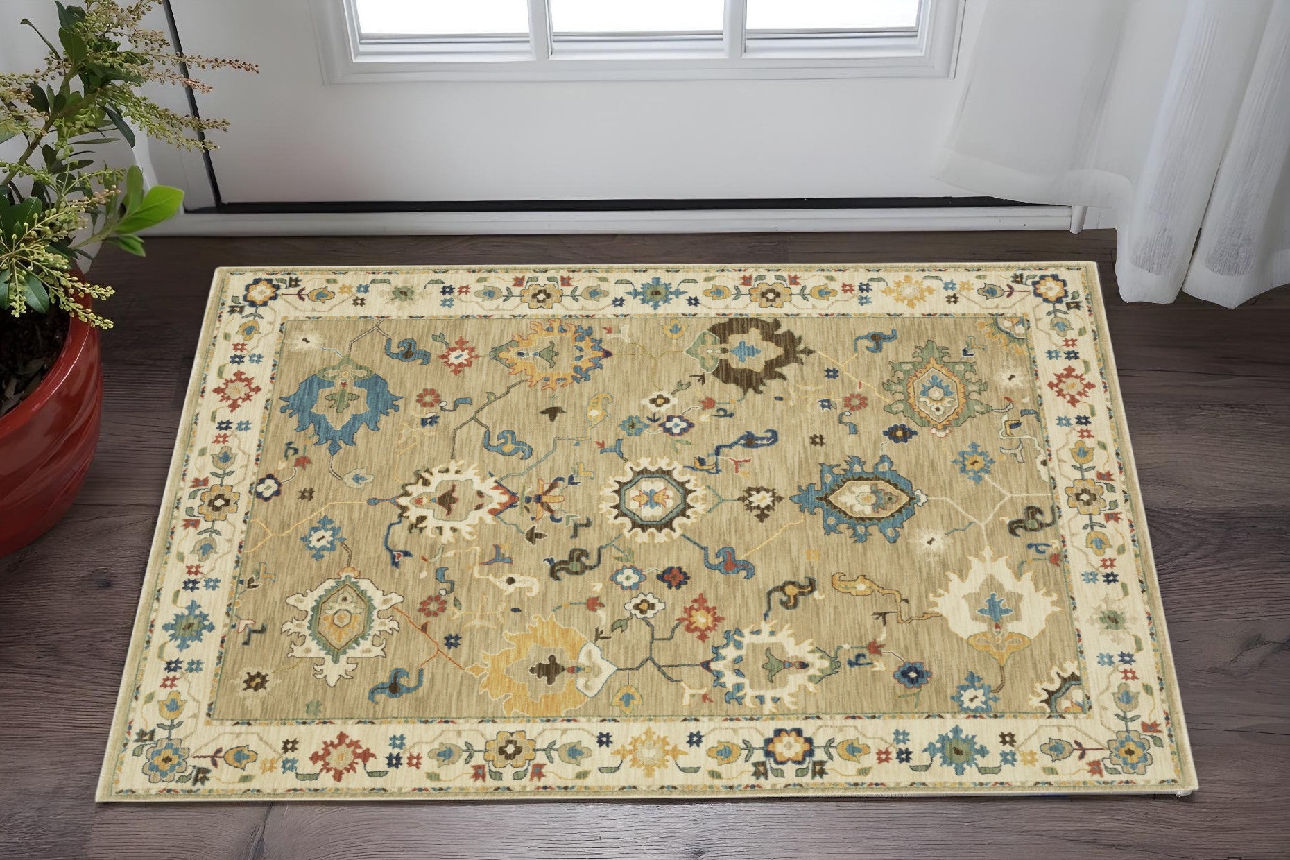 3' X 5' Beige Dark Orange And Blue Oriental Area Rug With Fringe