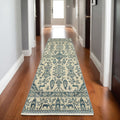8' Ivory And Blue Oriental Runner Rug With Fringe