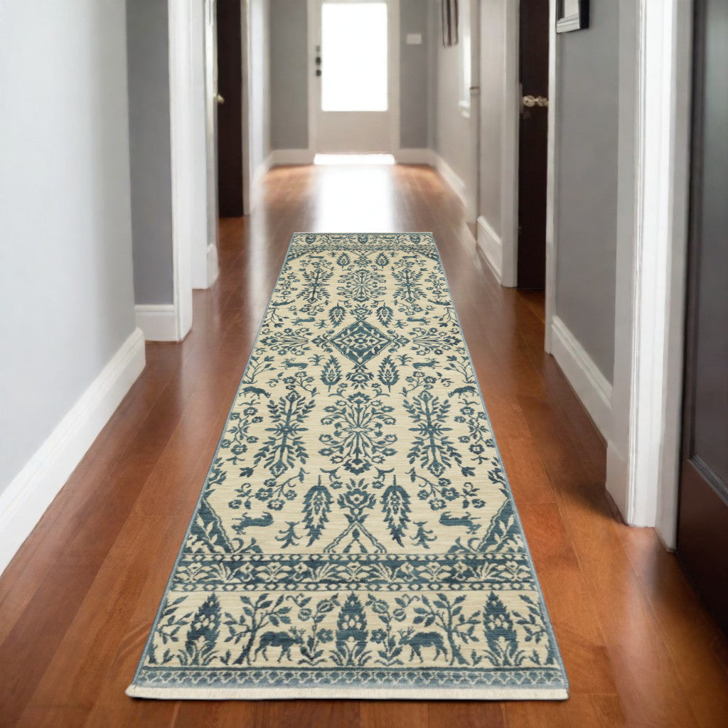 8' Ivory And Blue Oriental Runner Rug With Fringe