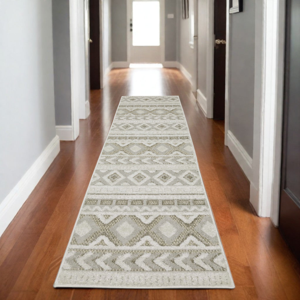 8' Gray And Beige Tribal Runner Rug