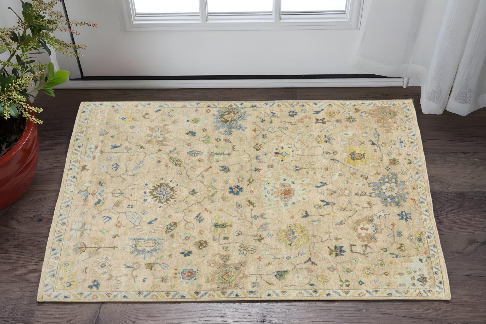 2' X 3' Beige Blue And Yellow Wool Oriental Hand Knotted Area Rug With Fringe