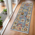 6' Blue Green And Ivory Oriental Runner Rug With Fringe