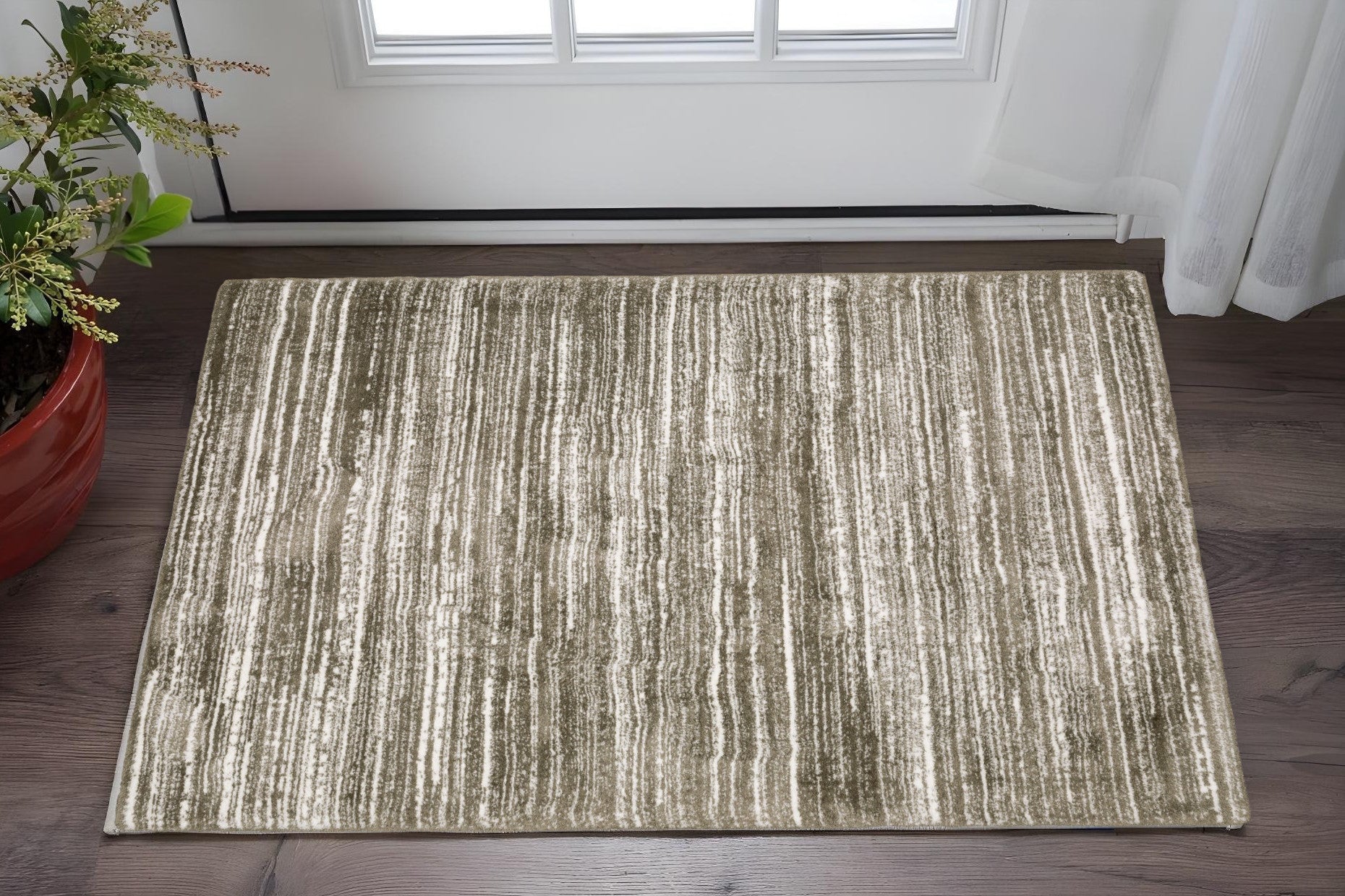 2' X 3' Brown And Ivory Striped Distressed Area Rug