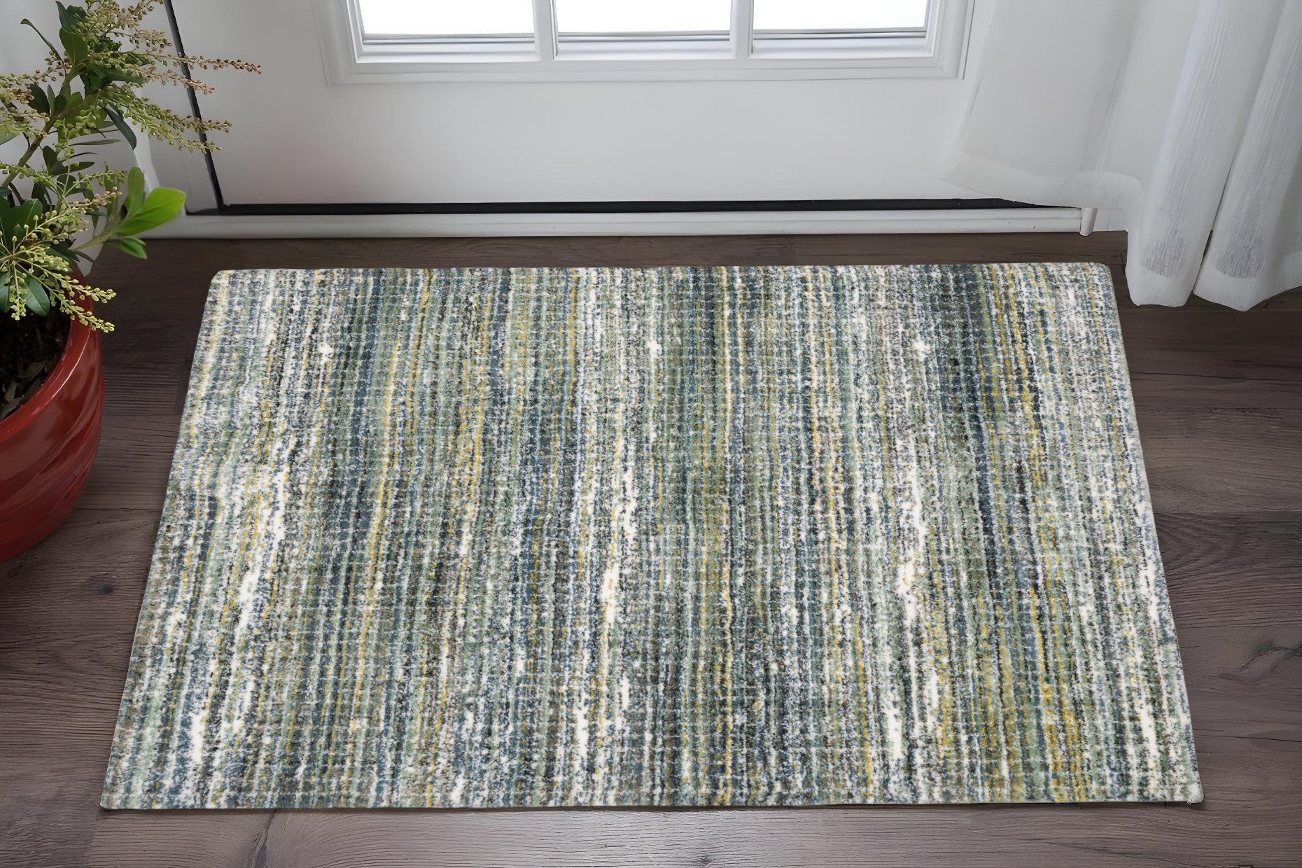 2' X 3' Green And Blue Geometric Distressed Area Rug