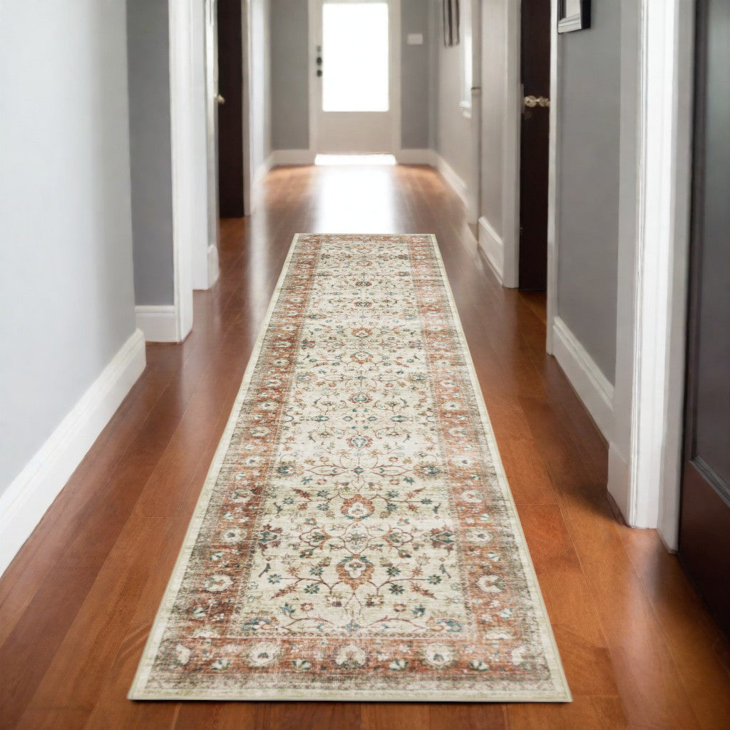 8' Ivory And Rust Oriental Distressed Runner Rug