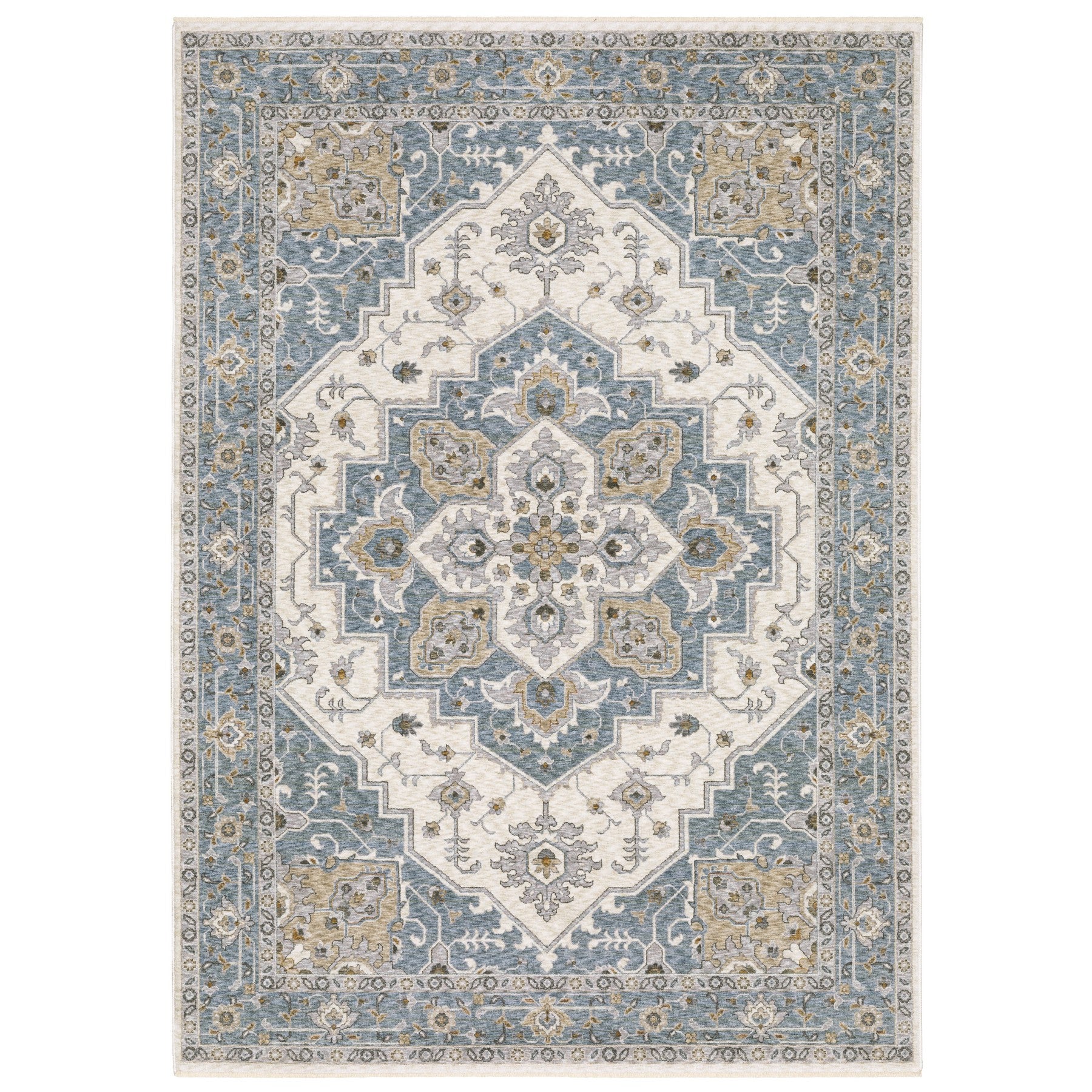 3' X 5' Blue And Ivory Medallion Distressed Area Rug With Fringe