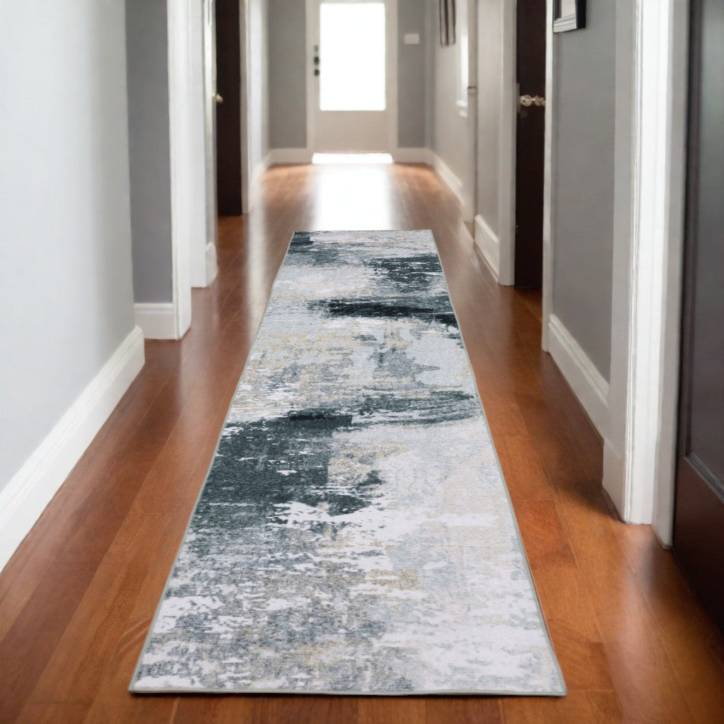 8' Ivory And Gray Abstract Distressed Runner Rug
