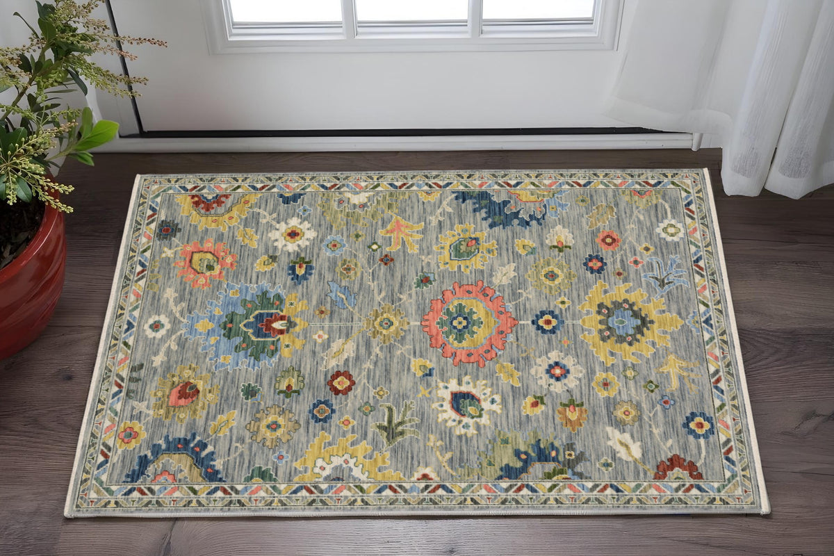 3' X 5' Gray Yellow And Blue Oriental Area Rug With Fringe