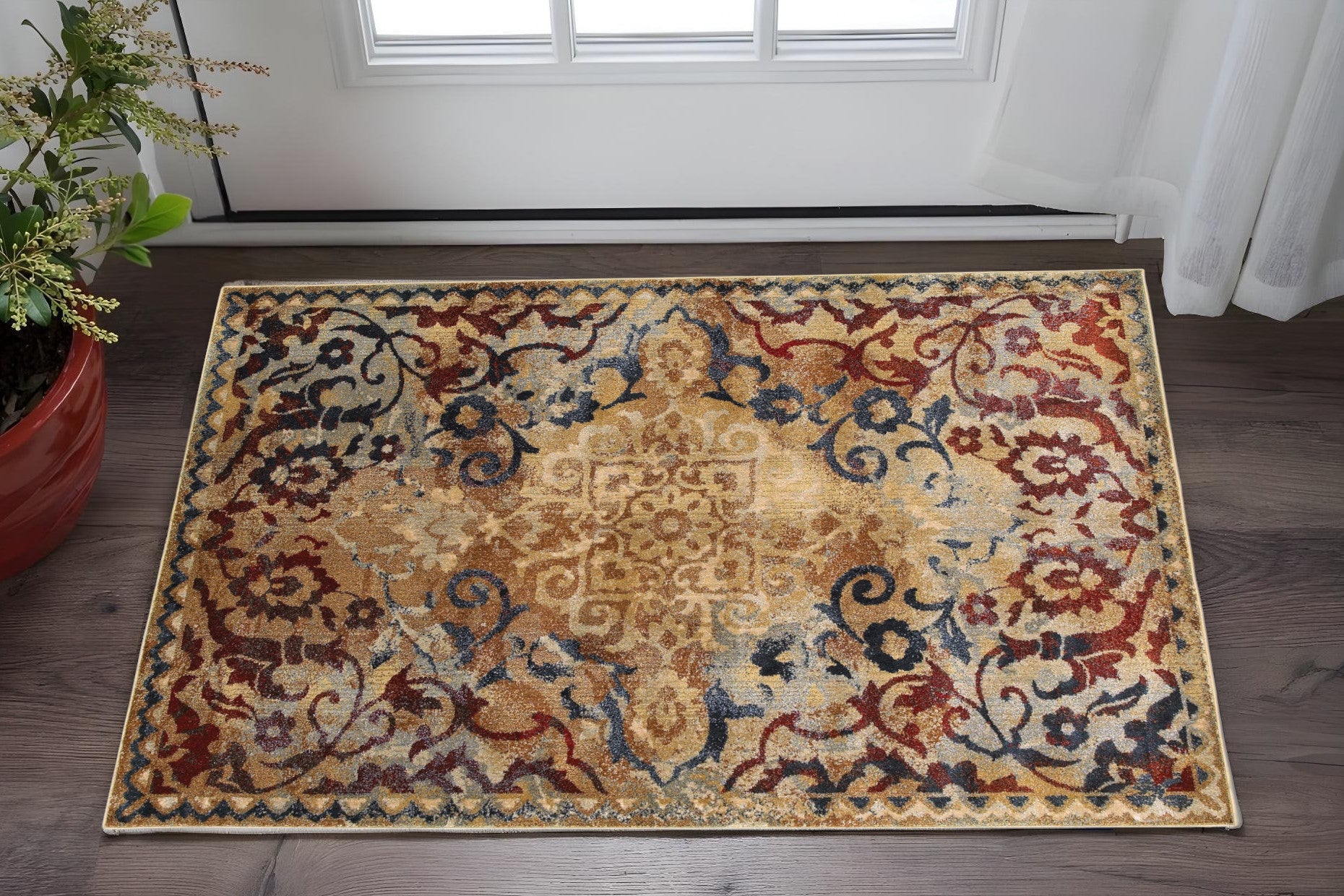 4' X 6' Gold And Red Oriental Distressed Area Rug