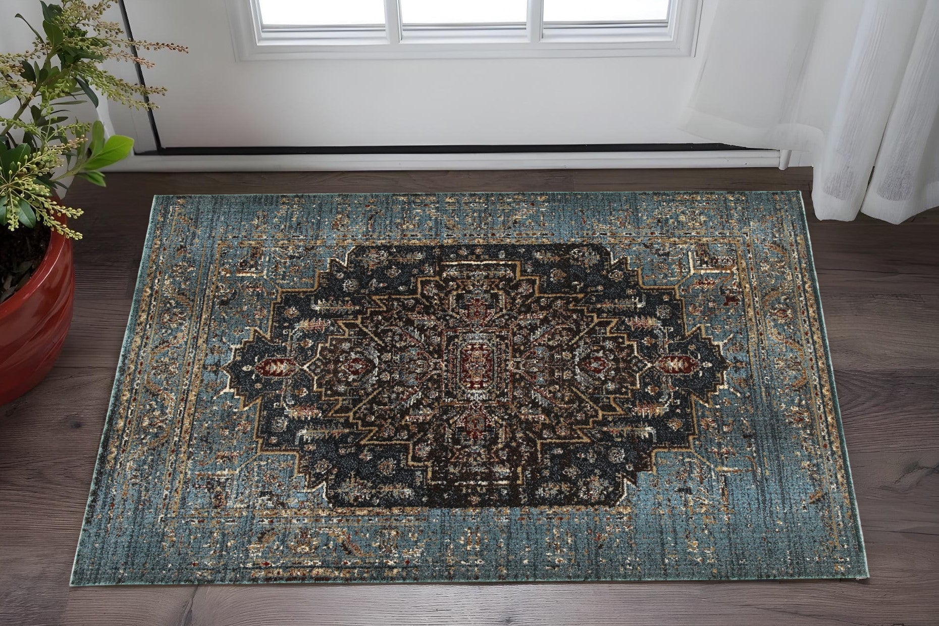 4' X 6' Blue Medallion Distressed Area Rug