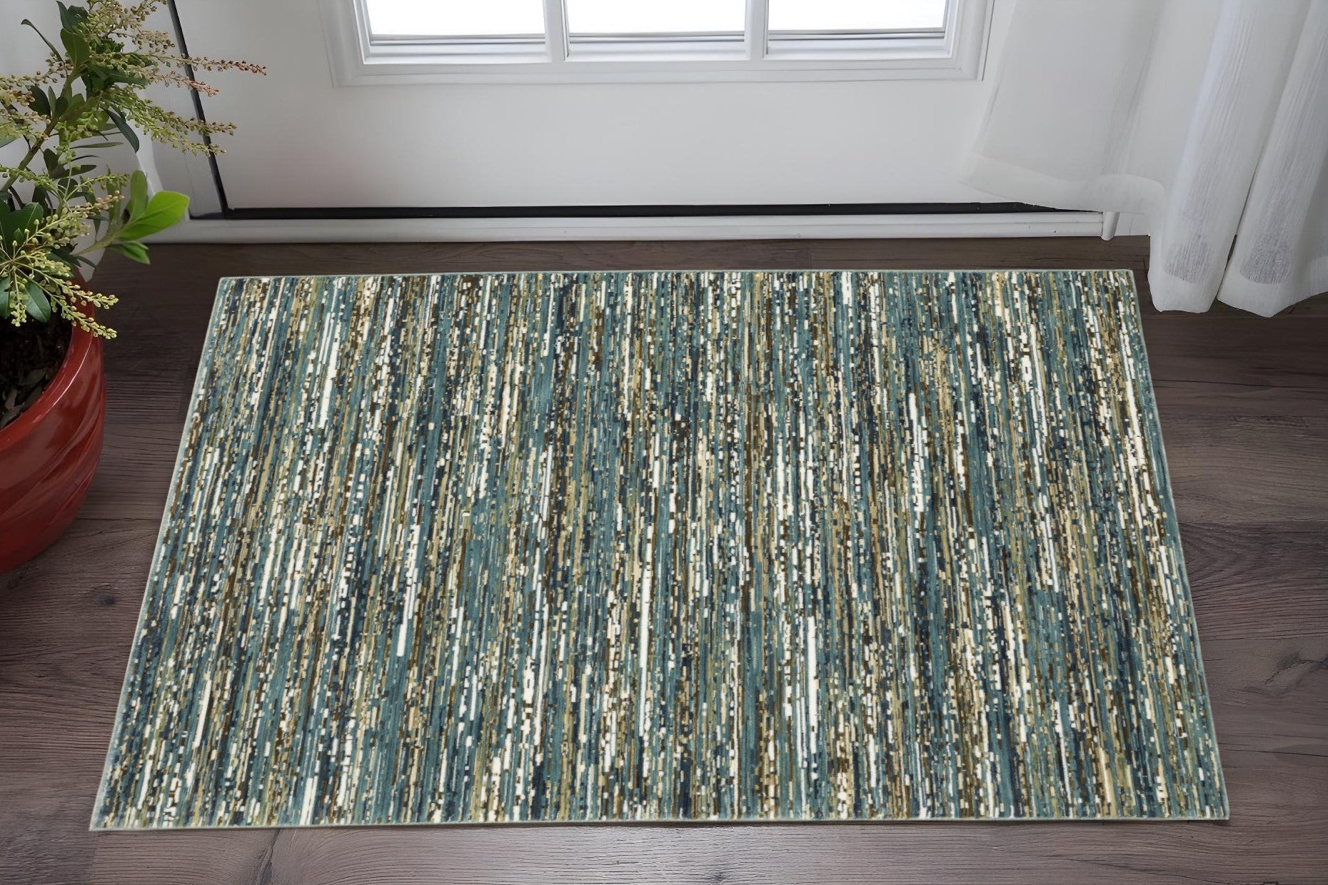 3' X 5' Blue Brown And Ivory Striped Area Rug