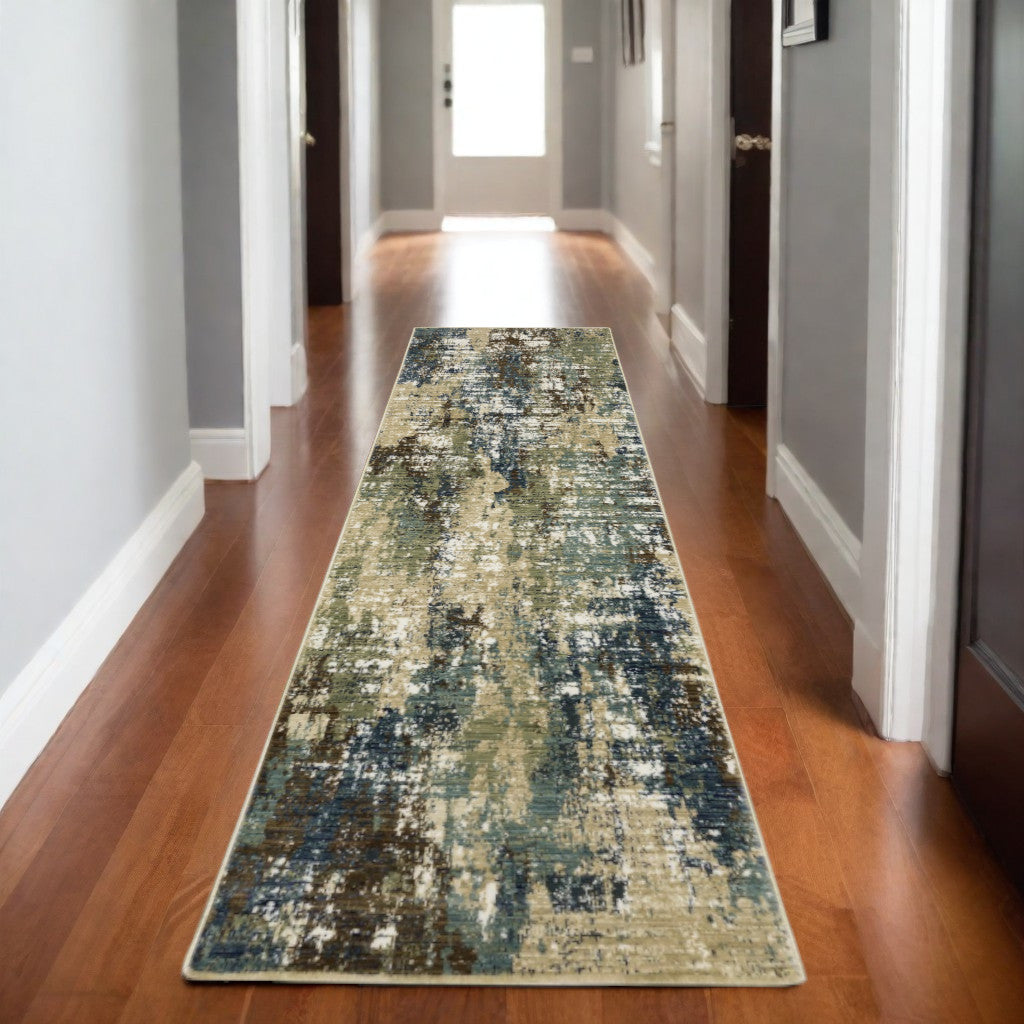8' Blue And Green Abstract Runner Rug