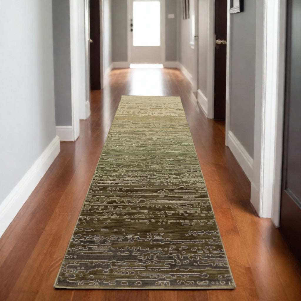 8' Brown And Green Abstract Runner Rug