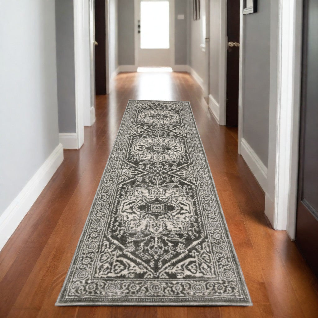 8' Gray And Ivory Oriental Runner Rug
