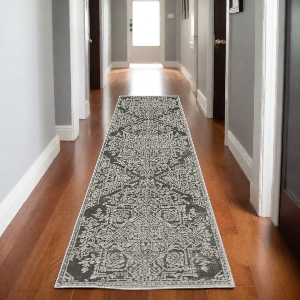 8' Gray And Light Gray Oriental Runner Rug