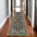 8' Blue Ivory And Brown Medallion Runner Rug