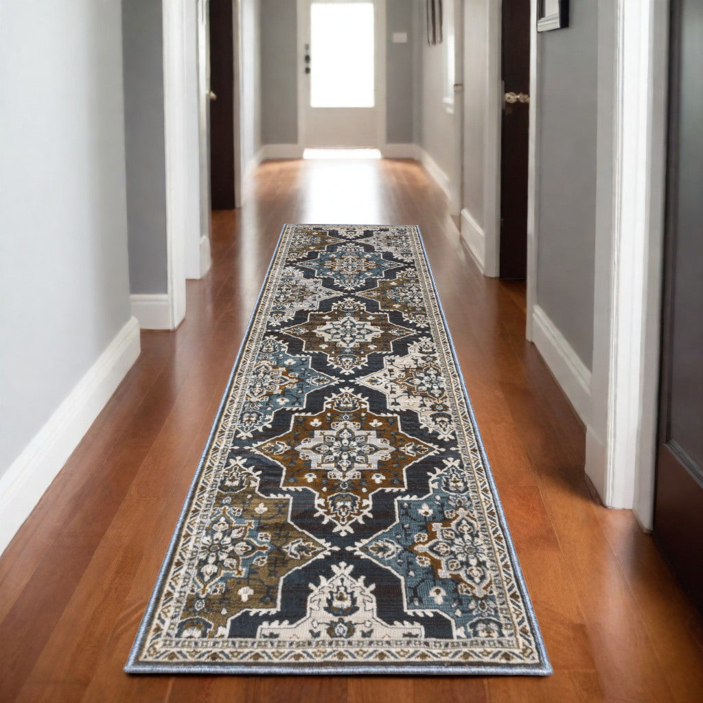 8' Gray And Blue Medallion Runner Rug