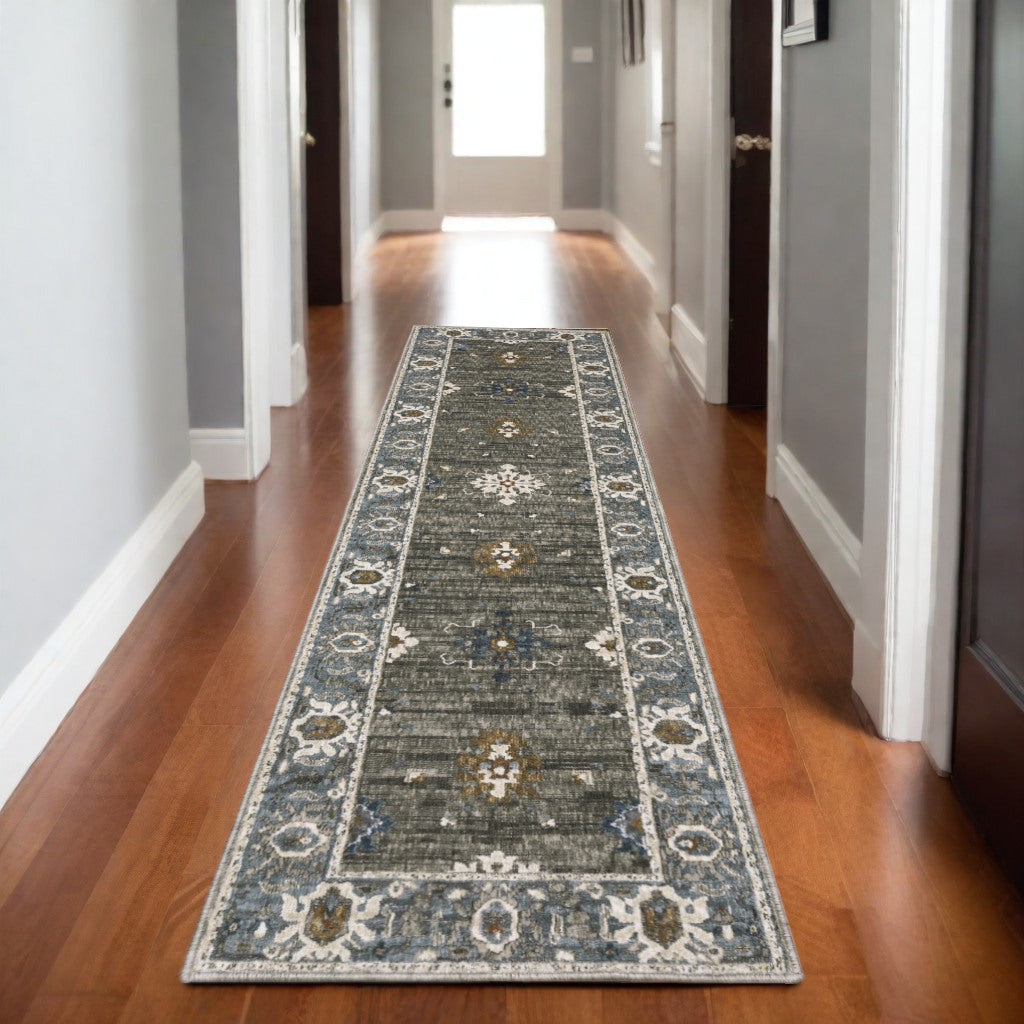 8' Blue Gray And Ivory Oriental Runner Rug
