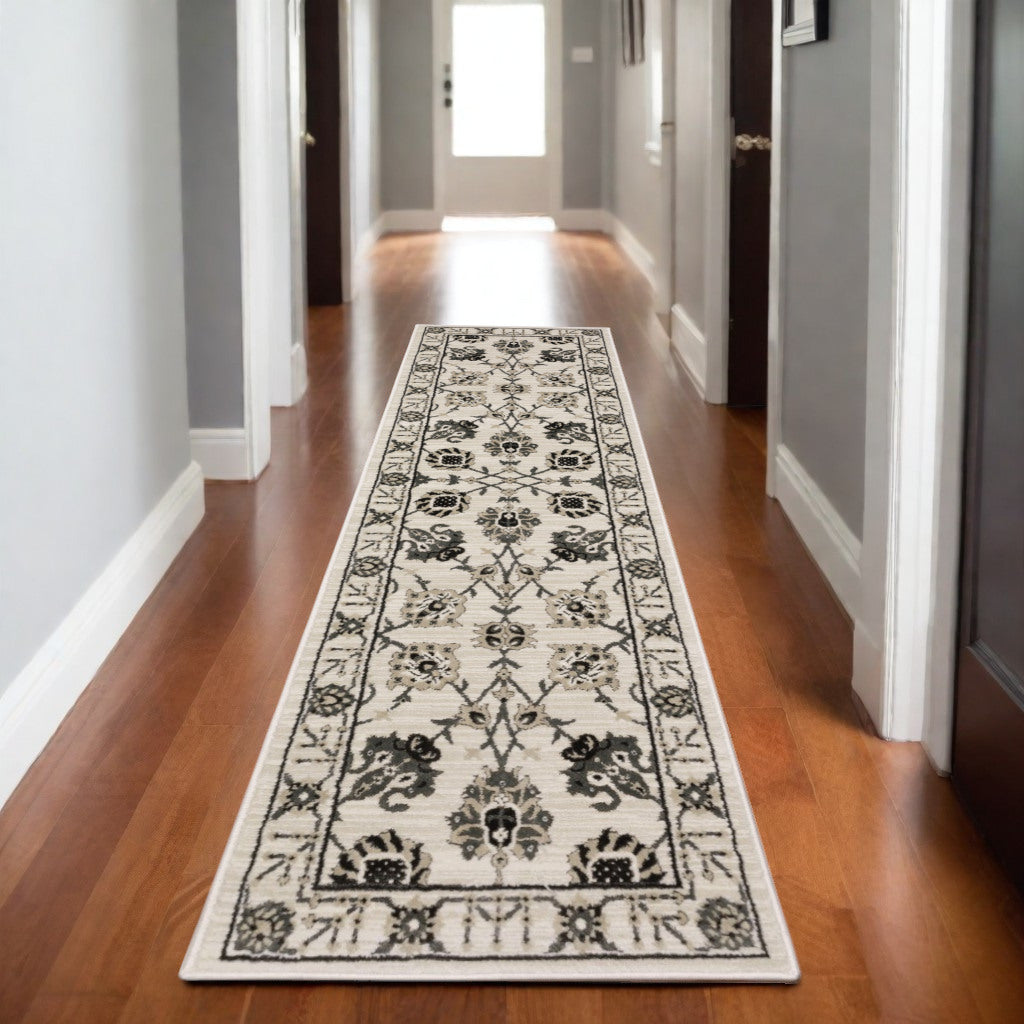 8' Ivory And Gray Oriental Runner Rug