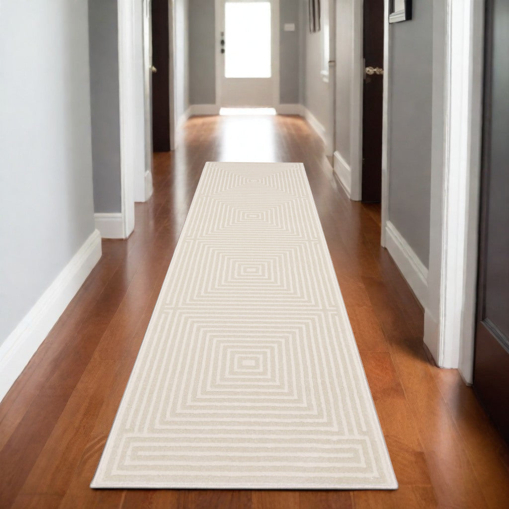 8' Ivory And Beige Geometric Runner Rug