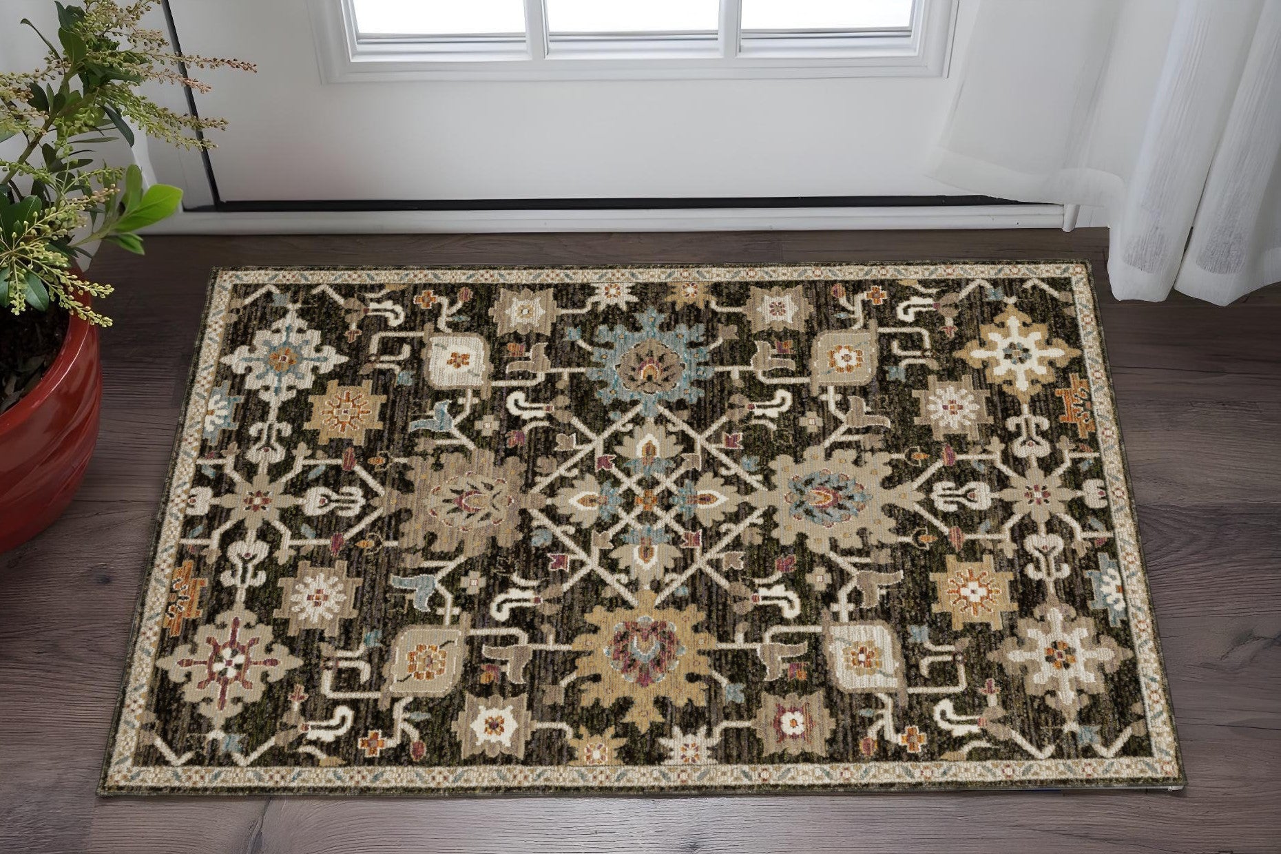 2' X 3' Brown Black And Ivory Oriental Area Rug