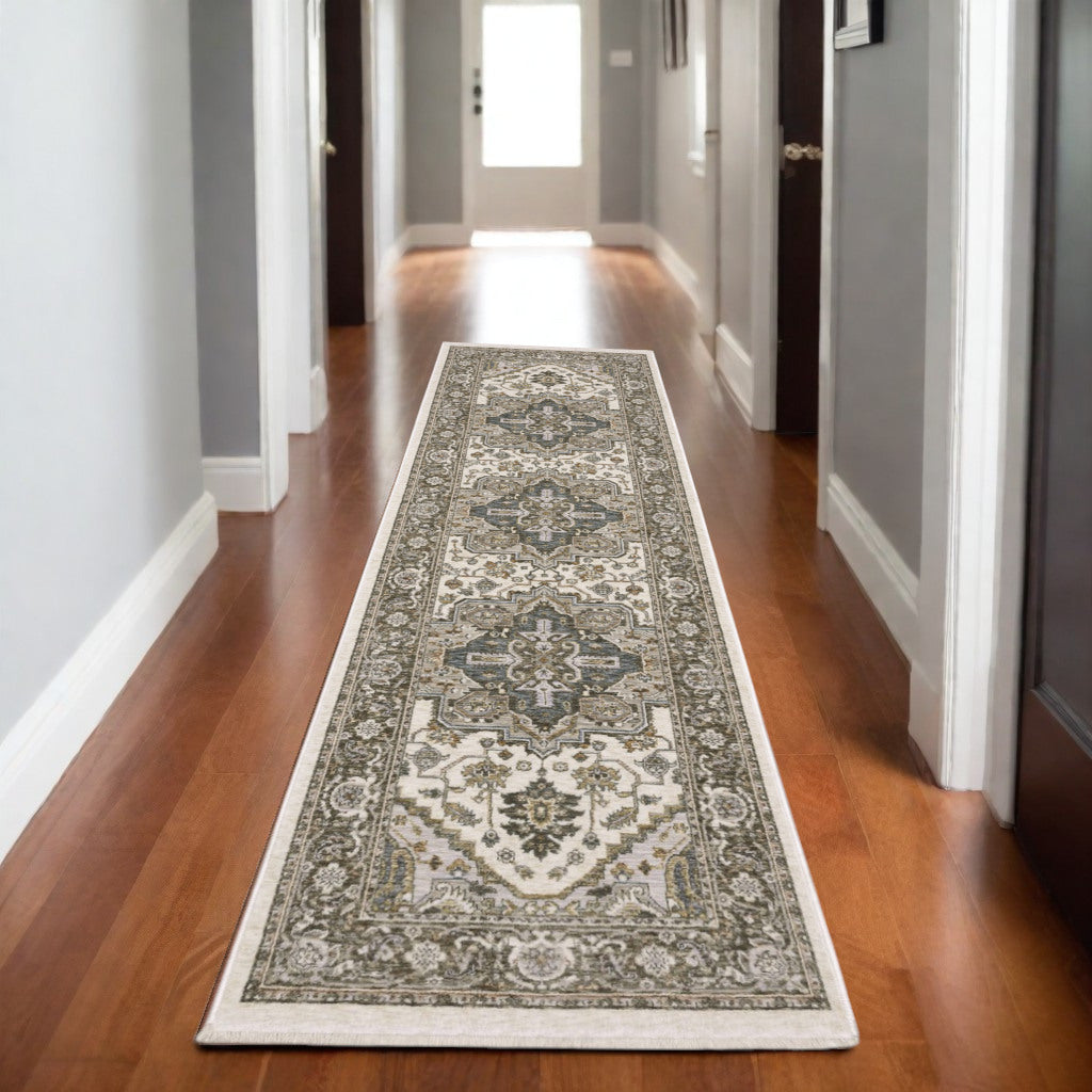 8' Ivory And Gold Medallion Runner Rug With Fringe