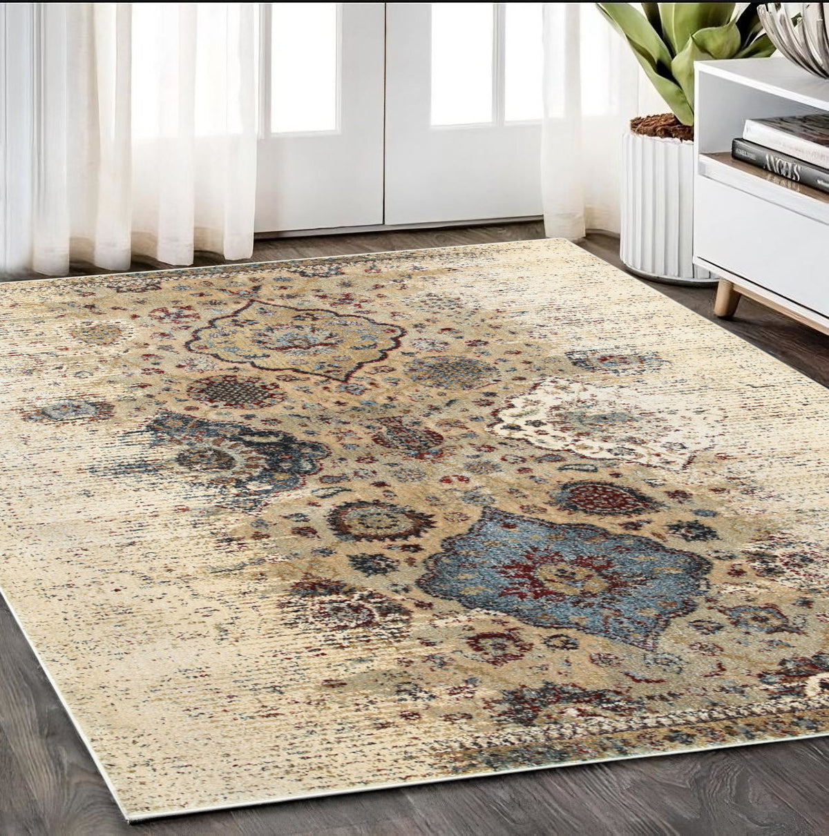 5' X 8' Ivory And Blue Oriental Area Rug