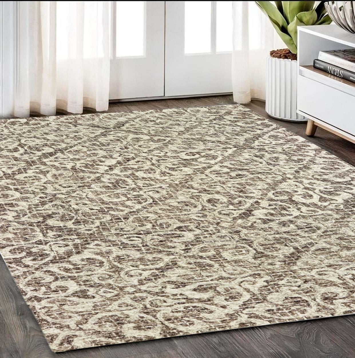 5' X 8' Brown And Ivory Wool Floral Hand Tufted Area Rug