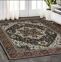 5' X 8' Navy Blue Black And Tan Medallion Area Rug With Fringe