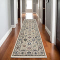8' Ivory Tan And Blue Floral Runner Rug With Fringe
