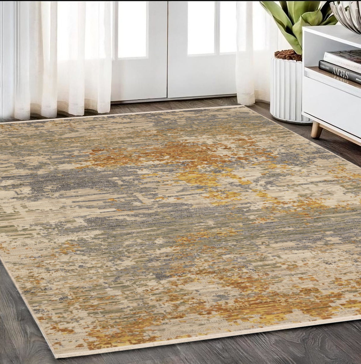 5' X 8' Beige And Gold Abstract Area Rug With Fringe