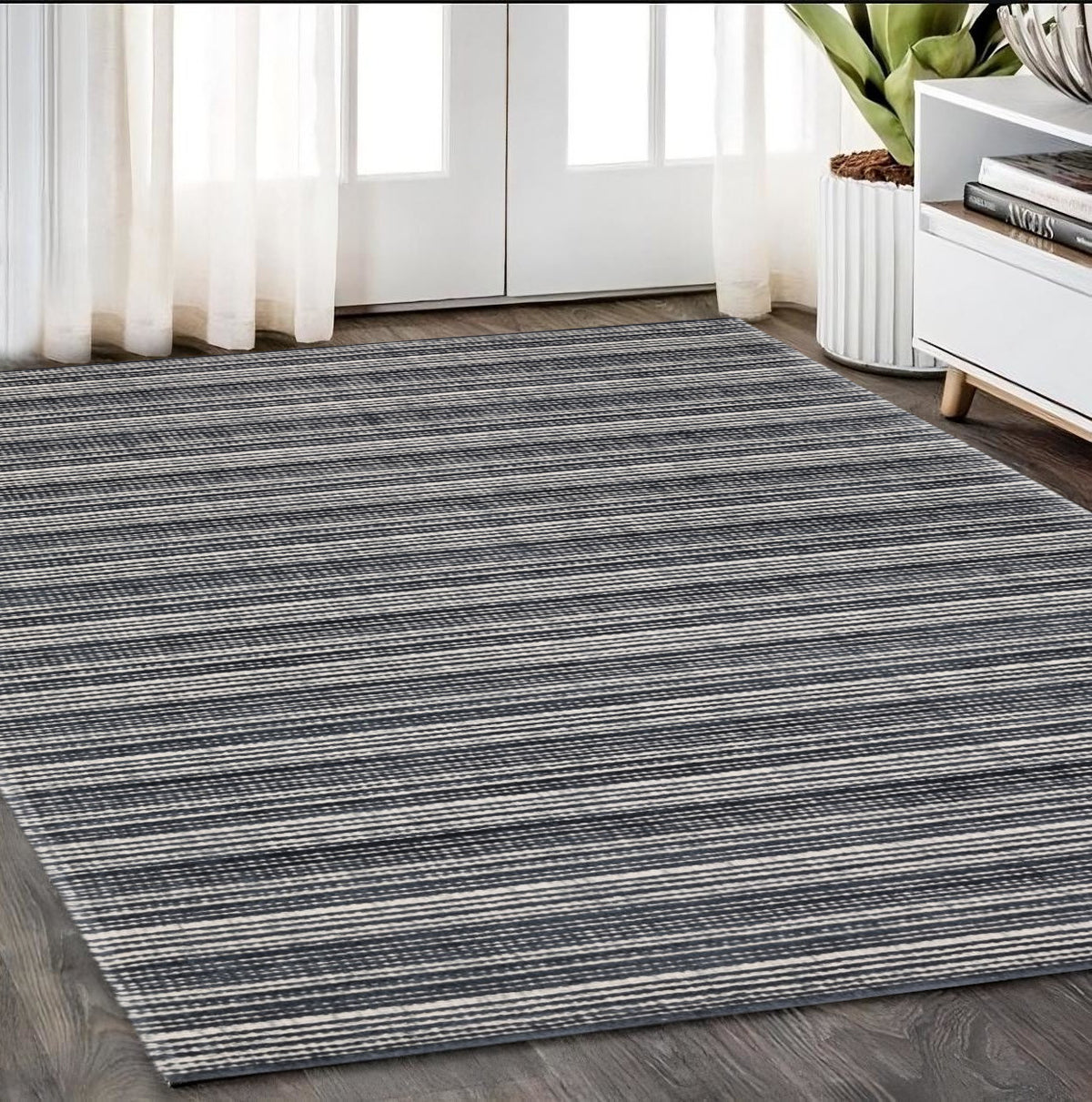 5' X 8' Black And Ivory Striped Hand Tufted Area Rug