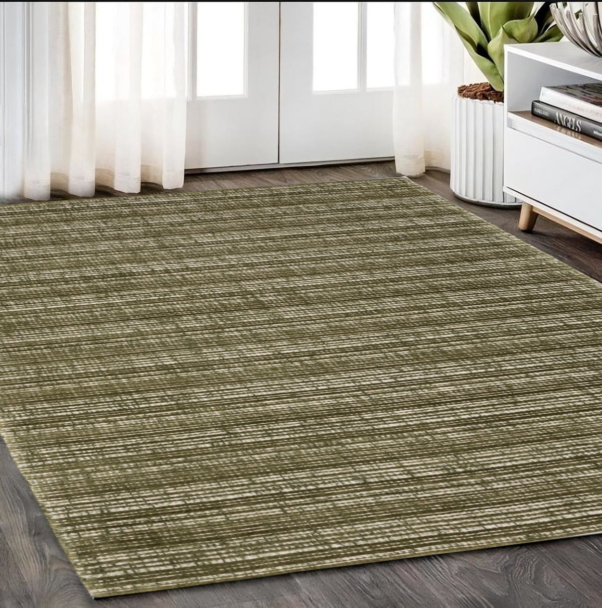 5' X 8' Green And Ivory Striped Hand Tufted Area Rug