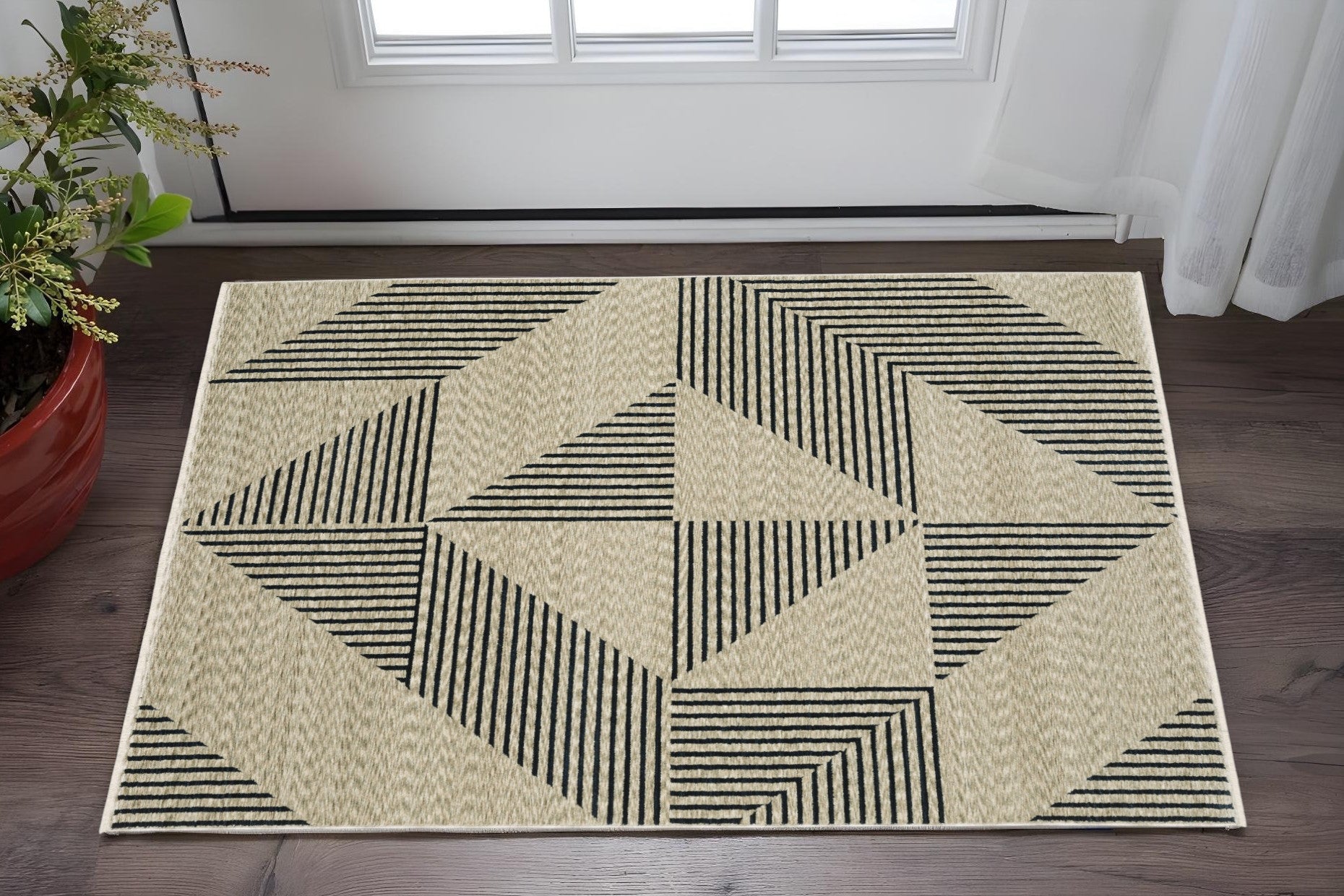 3' X 5' Beige Geometric Area Rug With Fringe