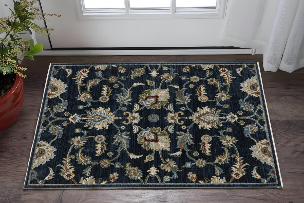 3' X 5' Navy Blue Tan And Teal Oriental Area Rug With Fringe