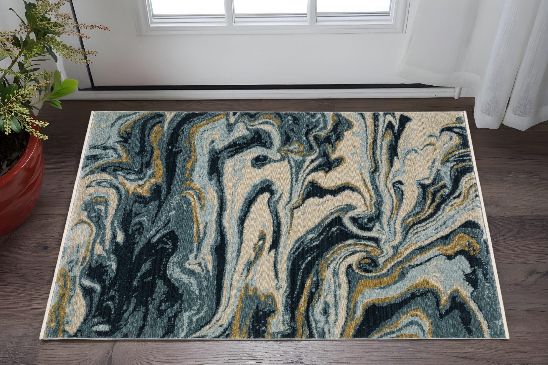 3' X 5' Navy Blue And Teal Abstract Area Rug With Fringe
