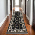 8' Blue And Ivory Oriental Runner Rug With Fringe