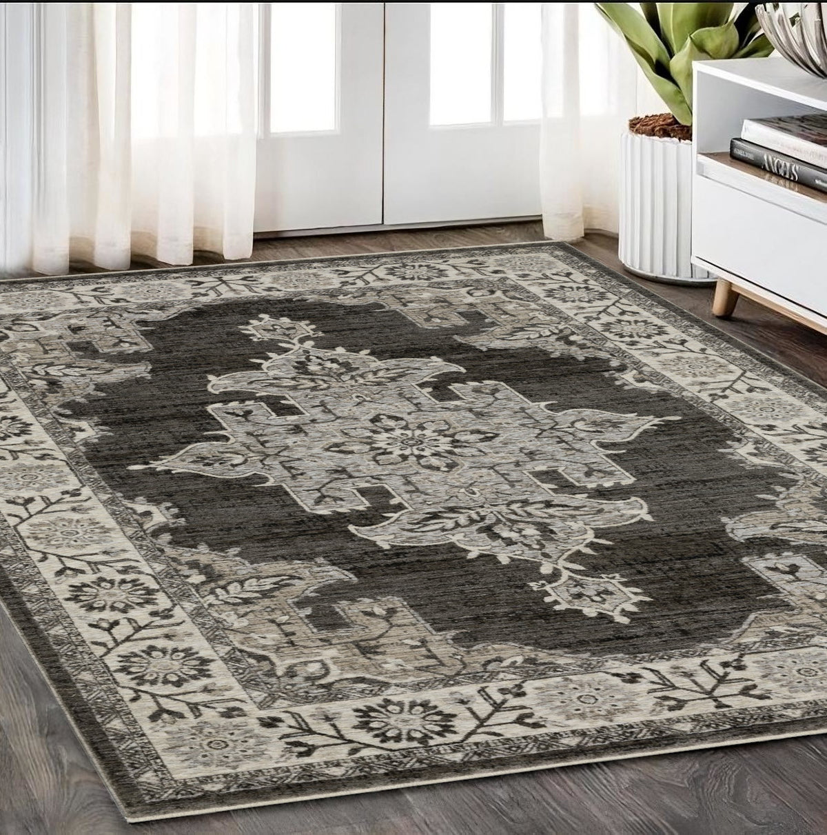 5' X 8' Gray And Beige Medallion Area Rug With Fringe