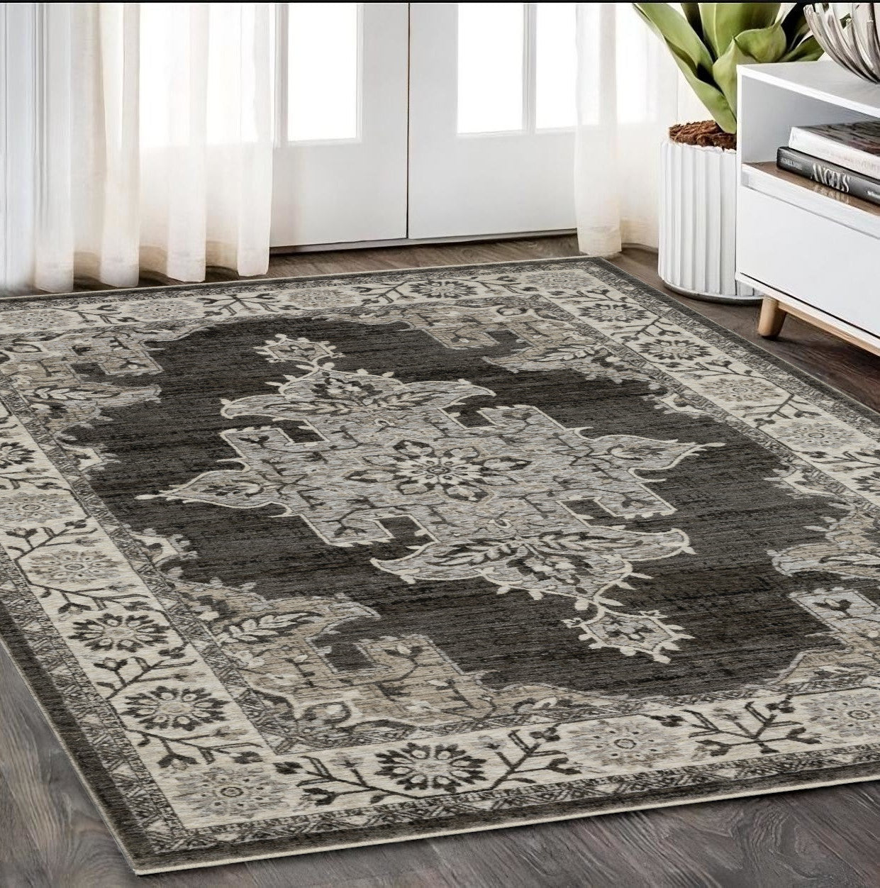 5' X 8' Gray And Beige Medallion Area Rug With Fringe