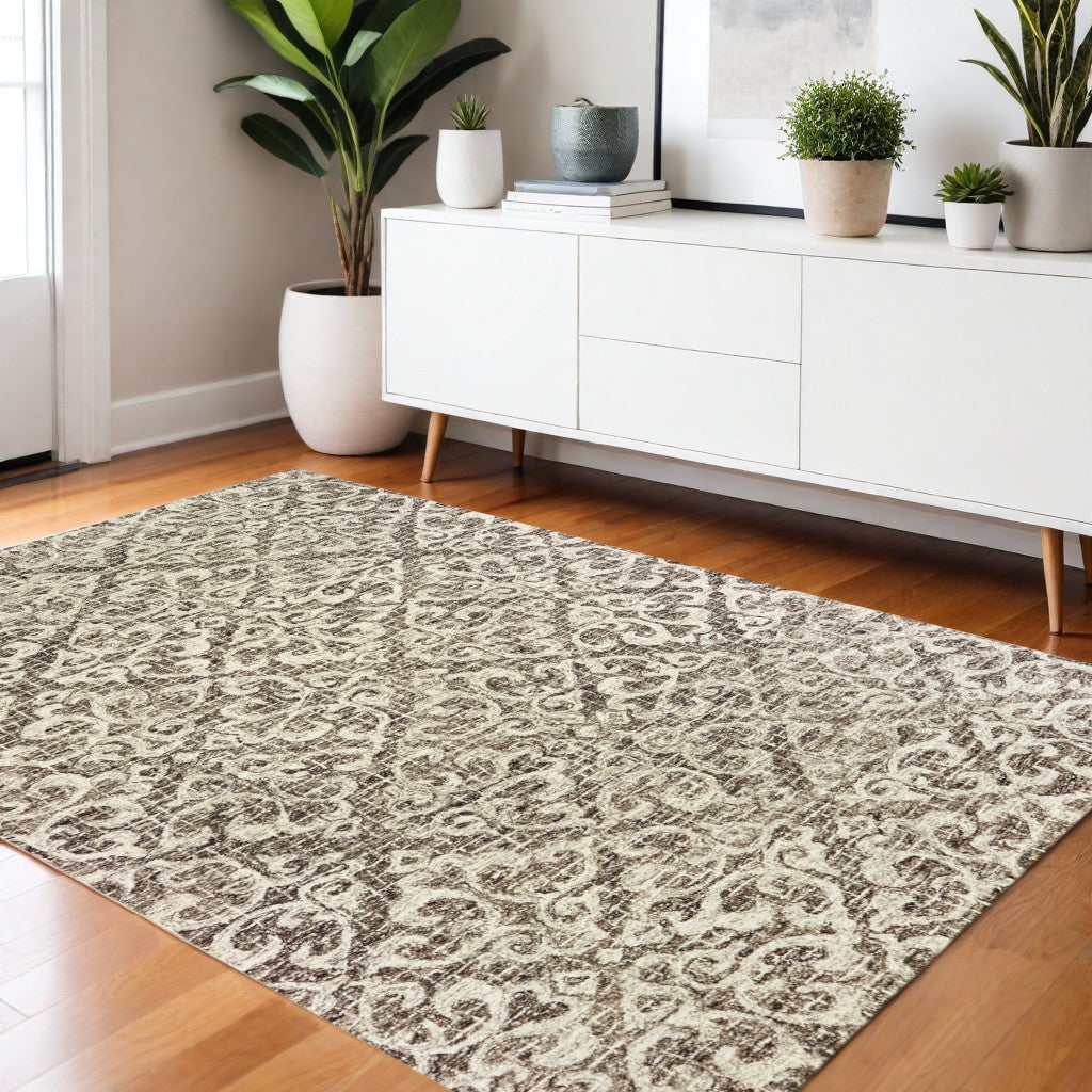 4' X 6' Brown And Ivory Wool Floral Hand Tufted Area Rug