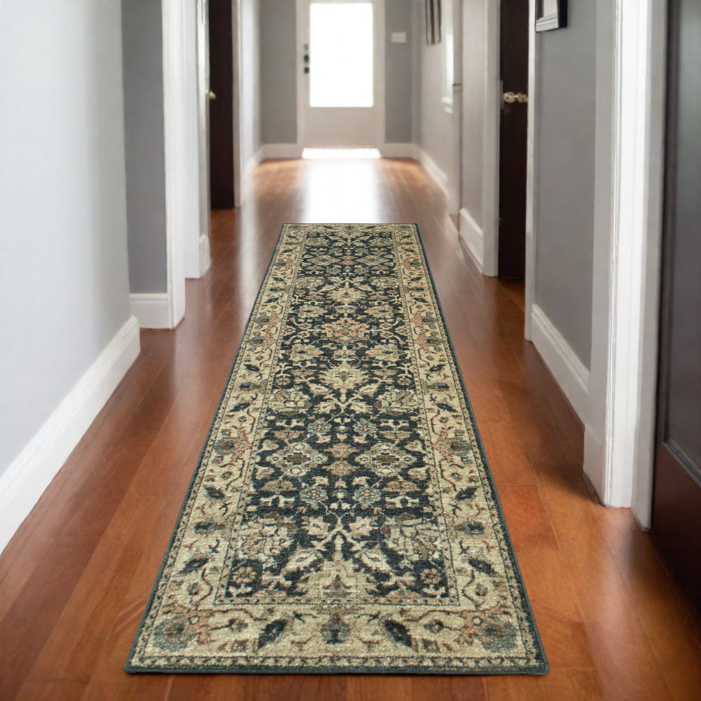 8' Navy Blue And Ivory Oriental Runner Rug