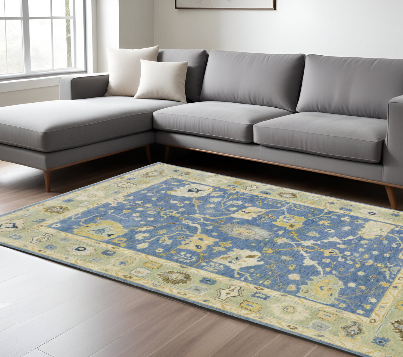 6' X 9' Blue And Green Wool Oriental Hand Knotted Area Rug With Fringe