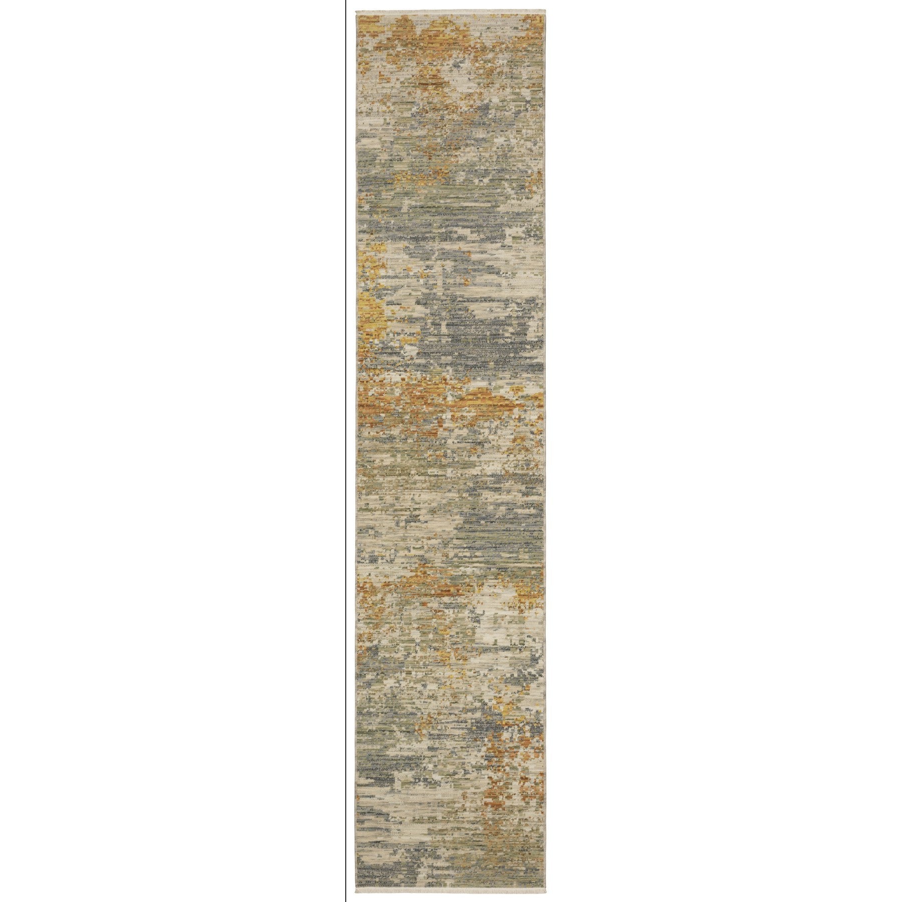 12' Beige And Gold Abstract Runner Rug With Fringe