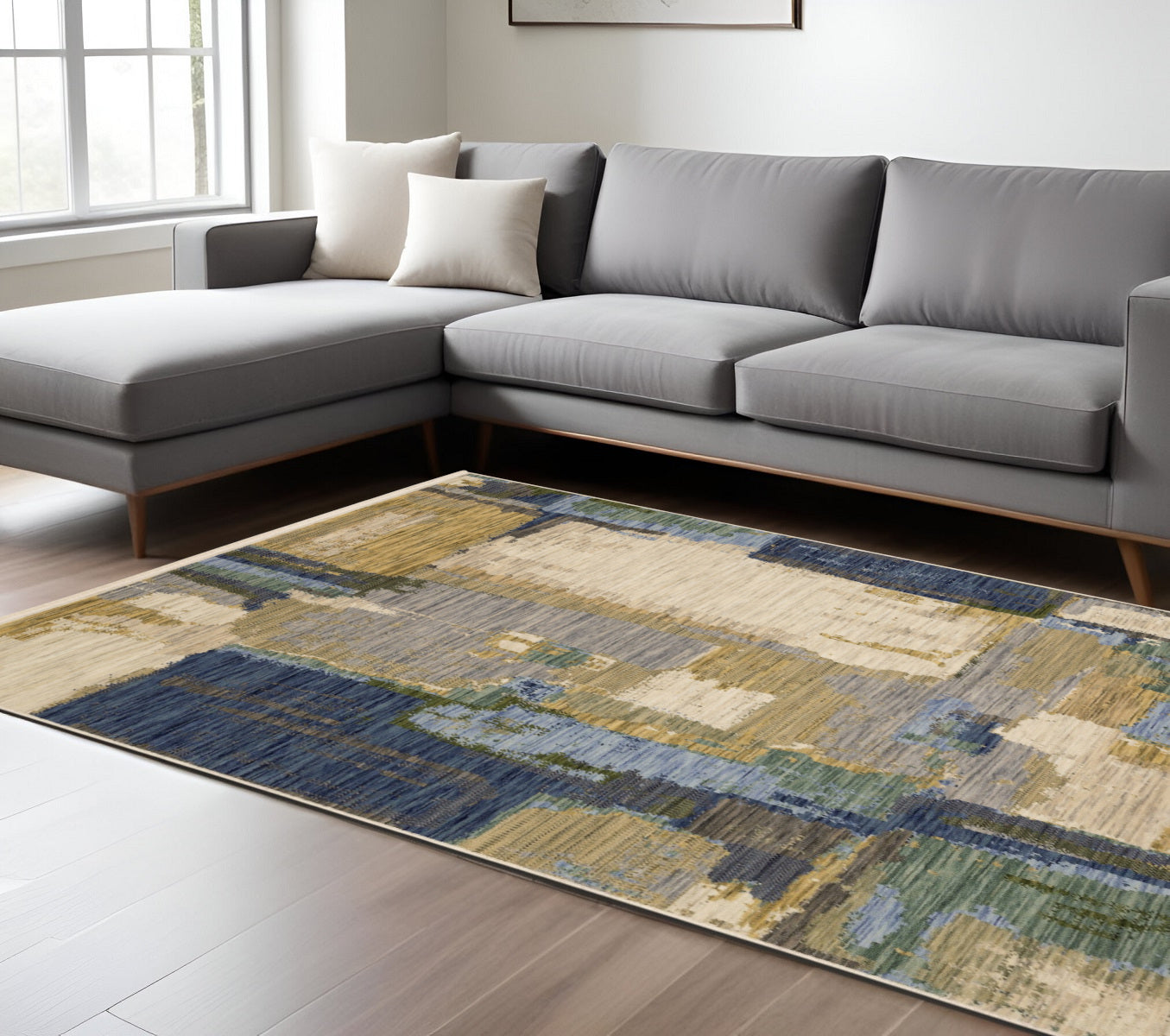 7' X 10' Blue And Green Abstract Area Rug With Fringe