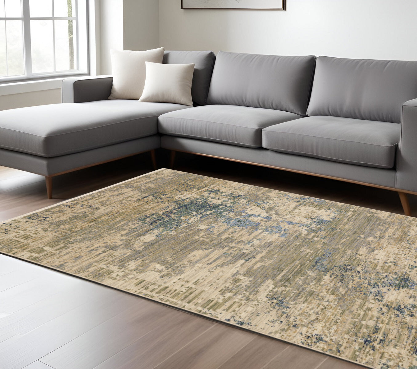 7' X 10' Beige And Blue Abstract Area Rug With Fringe