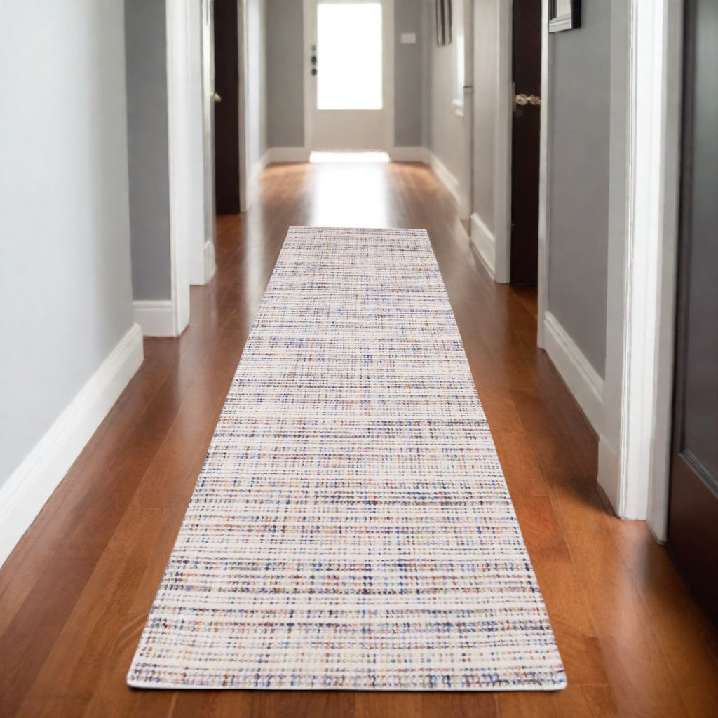8' Ivory Blue And Yellow Striped Hand Tufted Runner Rug