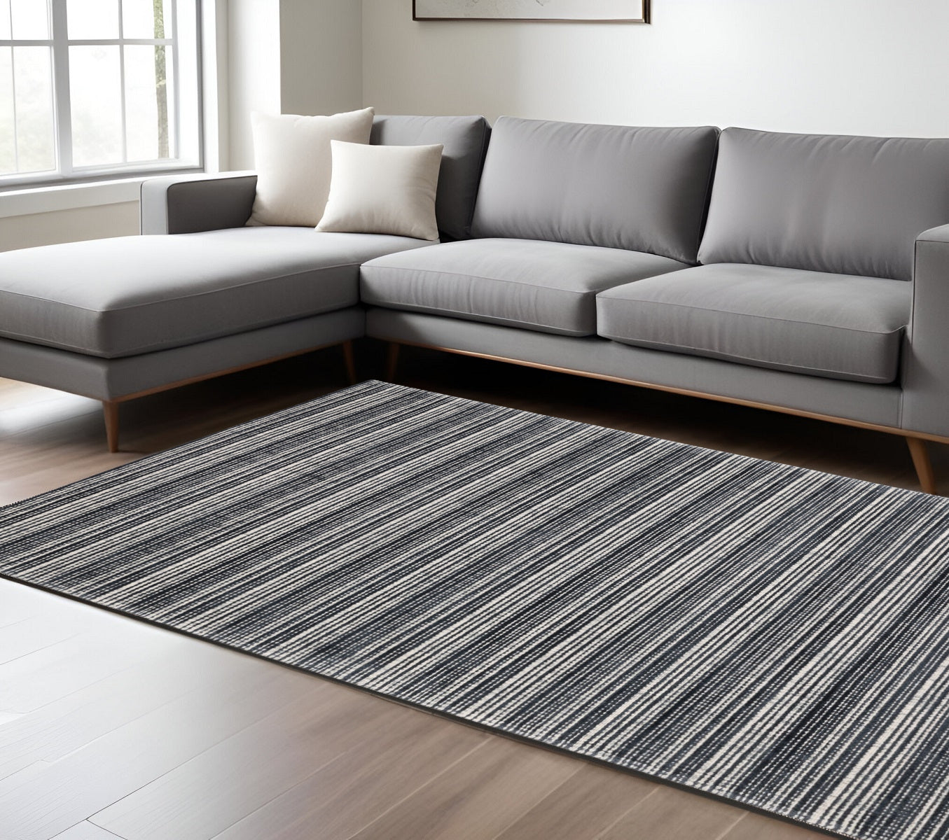 8' X 10' Black And Ivory Striped Hand Tufted Area Rug