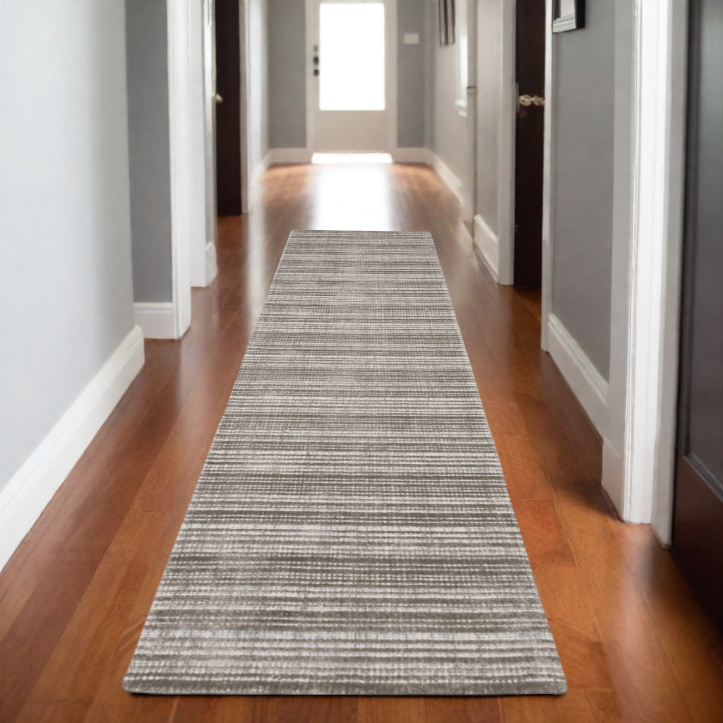8' Gray And Ivory Striped Hand Tufted Runner Rug
